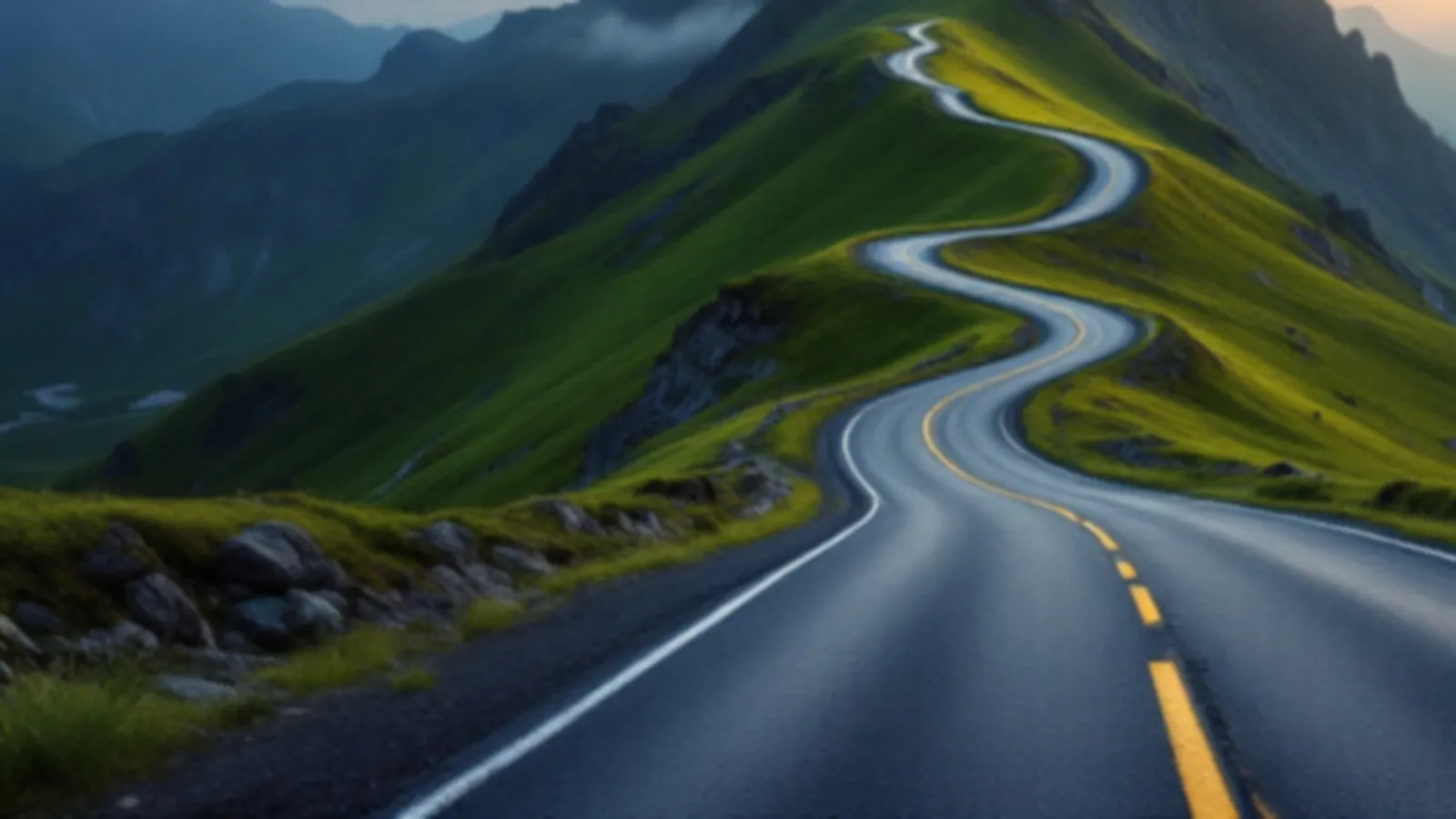 A dramatic switchback mountain road climbing a steep green pass at dusk, the TorqueFunds view of payday loans online, $100 – $5,000